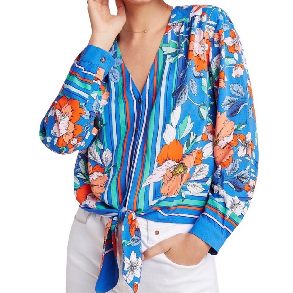 Maeve Anthropologie Elan Scarf Floral Pattern Blouse size 6 Blue Tie Waist